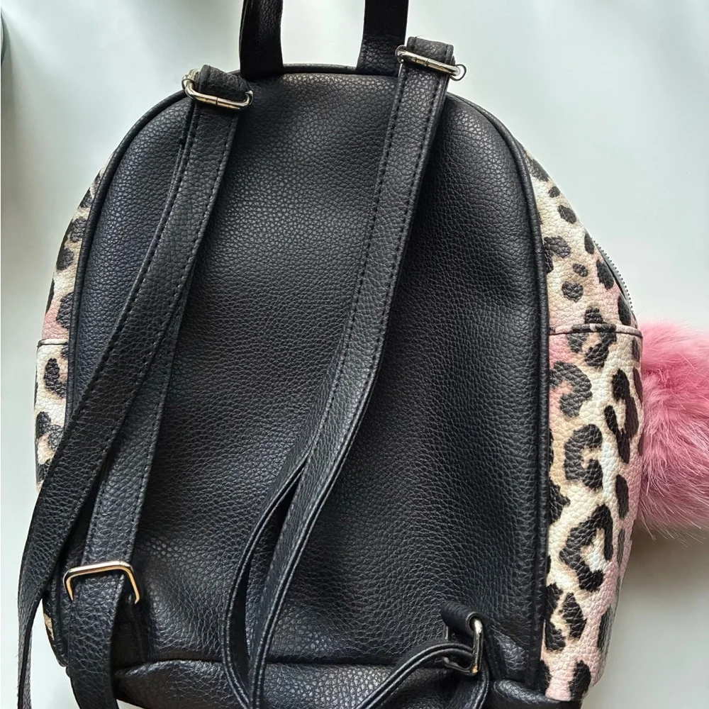 Justice Pink/Black/White Animal Print w/Pom Pom Backpack Faux Fur